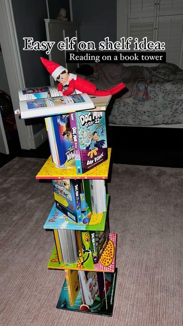 Michelle Joyner on Instagram: "At least Tickle is promoting reading!!😆📚 He collected all of Joules’ favorite books and built a fancy book tower while she was sleeping! He sure has been playing it risky with all the visits to the kids’ rooms lately..😅🤣 Catch my stories for some more daily elf ideas! 🎄❤️ #booktower #easyelfontheshelfideas #elfontheshelfideas" Elf Ideas Easy, Book Tower, Elf Magic, Awesome Elf On The Shelf Ideas, Elf Activities, Xmas Elf, Elf Antics, Elf Fun, Elf Ideas