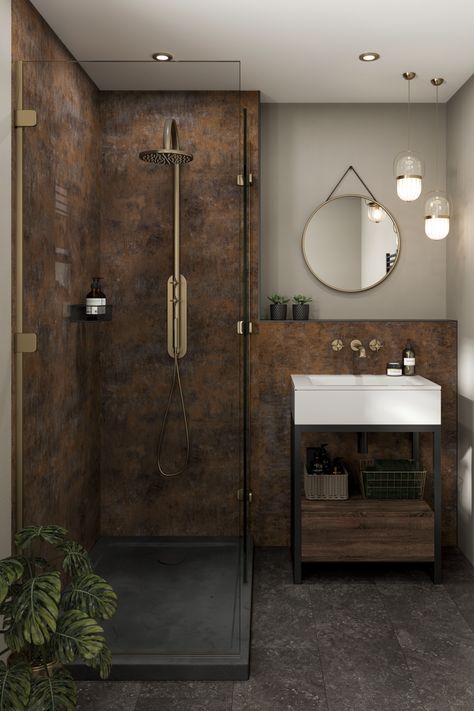 The latest Designed by Linda mood board, Industrial Luxe, has been brought to life. Linda has matched the bold wall panel Corten Elements from her collection with the softer Clay panel from our Neutrals Collection for a gorgeous look that’s low maintenance. Head over to our website to get your free samples and use our Bathroom Planner to start designing the bathroom of your dreams #copperbathroom #bathroommoodboard #copper #copperbathroomideas Linda Barker, Bathroom Planner, Stone Paint, Copper Tiles, Copper Bathroom, Bathroom Wall Panels, Latest Bathroom, Bad Inspiration, Bathroom Shower Tile