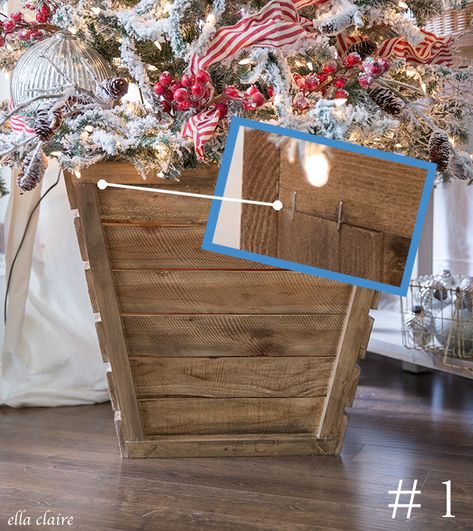 Easy DIY Christmas tree box with tapered sides and beautiful wood planks Christmas Boxes Decoration, Christmas Tree Box Stand, Christmas Tutorial, Christmas Diy Wood, Christmas Tree Box, Tree Box, Box Tutorial, Easter Tree Decorations, Wood Christmas Tree