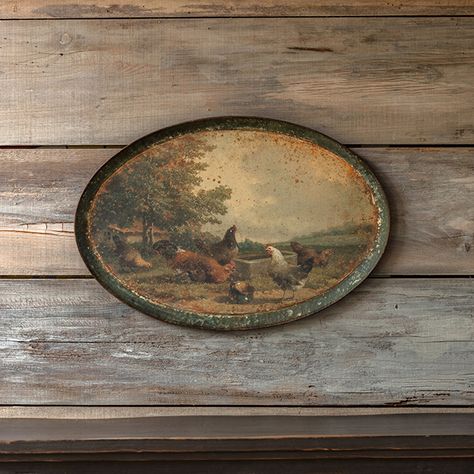 Add some gorgeous character to any room with our Aged Farm Scene Oblong Tole Tray. This display piece will make quite an impression, with its French farm scene and aged detailing that adds even more character. Display this decorative tray on a counter or sideboard, or hang it on a wall to give your room a beautiful farmhouse touch. Modern Country French Decor, Cabin Update, Tray Wall Decor, Household Necessities, Roan Mountain, Antique Farmhouse Decor, Tole Tray, Barn Shop, Thrift Store Decor