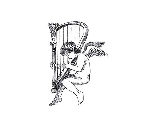 Angel Harp Tattoo, Angel Playing Harp Tattoo, Hedonism Tattoo, Jupiter Logo, Harp Tattoo, Tupac Tattoo, Vintage Tattoo Art, Artsy Tattoos, Heaven Tattoos