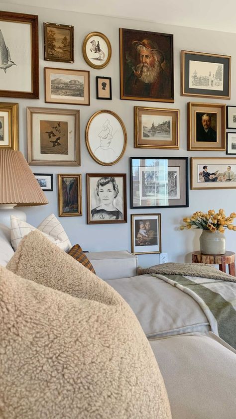 Wall Art Classical, Photo Wall With Different Frames, Idea For Wall Decoration, Wall Of Framed Photos, Vintage Gallery Wall Above Couch, Vintage Photo Wall Collage Living Room, How To Style Wall Above Couch, Gallery Wall Ideas Above Couch, Antique Gallery Wall Living Room