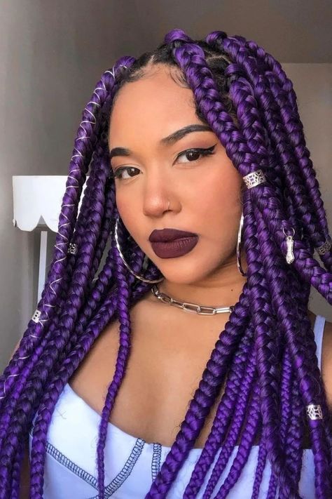 25 Medium Box Braid Hairstyles: Your Ultimate Style Guide Purple Box Braids, Colored Box Braids, Purple Braids, Medium Box Braids, Bold Hair Color, Protective Hairstyles For Natural Hair, Colored Braids, Box Braids Hairstyles For Black Women, Girls Hairstyles Braids