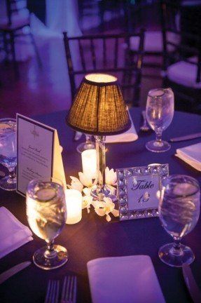 Lamp centerpiece at wedding. Can also do this if flowers Gatsby Centrepieces, Catskill Wedding, Lamp Centerpiece, Fancy Wine Glasses, Homemade Wedding Decorations, 50 Anniversary, Cheap Wedding Decorations, Flameless Tea Lights, Color Lights