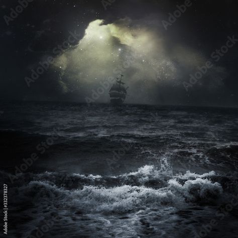 Stock Image: Stormy sea ship in the distance romantic scene dark sky clouds Sun rays Navi A Vela, Ship Sailing, Bateau Pirate, Stormy Sea, A Ship, Tall Ships, Pirate Ship, Alam Semula Jadi, In The Ocean