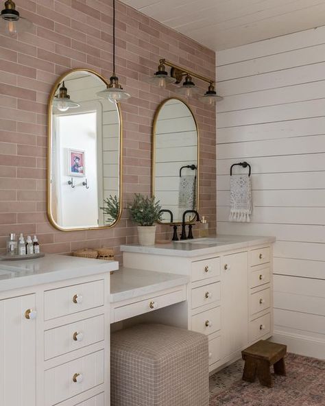 Bedrosians Tile and Stone on Instagram: "When you have five sisters, you get creative! 💡 They decided to give a spare bedroom a makeover, transforming it into a chic and functional bathroom. 🛀 Wall Tile: Makoto 2.5x10 in Momoiro Blush Designed by @christielewisinteriors Build by @eric_budge_custom_homes 📷: rebekahwestoverphotography" Girls Bathroom Ideas Sisters, Girls Shared Bathroom, Blush Bathroom, Designing A Bathroom, 5 Sisters, Five Sisters, Functional Bathroom, Girl Bathrooms, Shiplap Bathroom