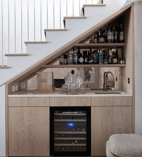 Stair Down Space Design, Fireplace Under Staircase, Under Stairs Bar And Storage, Design Under The Stairs Ideas, Understairs Coffee Station, Stairs To A Loft, Under Stairs Drinks Cabinet, Small Kitchen Under Stairs Ideas, Under The Stairs Bar Ideas