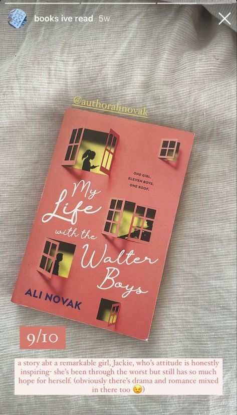 a book recommendation, rating ali novak’s “my life with the walter boys” a 9/10. the review says “a story about a remarkable girl, Jackie, who's attitude is honestly inspiring- she's been through the worst but still has so much hope for herself. (obviously there's drama and romance mixed in there too)” Best Fiction Novels, Best Novels To Read Book Lists, Cozy Book Recommendations, Fictional Books To Read, Popular Books To Read, Best Love Books, To Read List, Book Seller, Book Recommendations Fiction