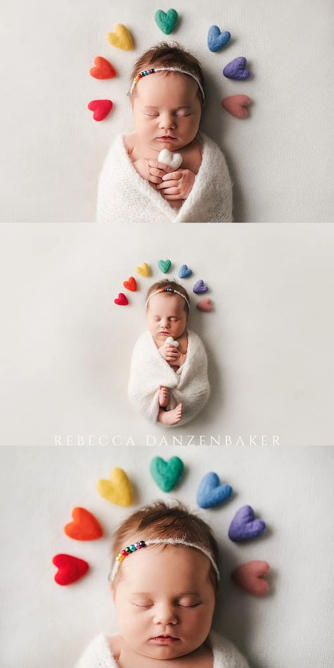 portraits of newborn baby in white wrap with rainbow-colored hearts making a halo over her head Rainbow Newborn Pictures, Rainbow Photoshoot Baby, Rainbow Baby Photoshoot Maternity, Rainbowbaby Maternity, Rainbow Baby Maternity Shoot, Rainbow Baby Newborn Pictures, Rainbow Theme Baby Photoshoot, Ivf Newborn Photography, Baby Shoot Ideas Newborn