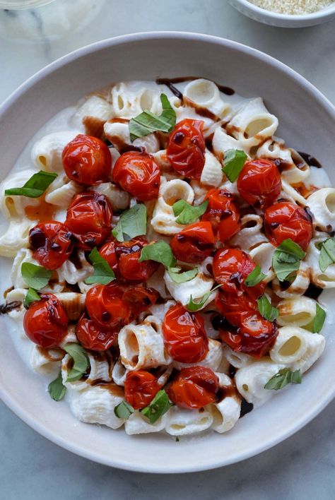 Whipped Ricotta Caprese Pasta Summer Pastas, Casarecce Pasta, Whipped Ricotta, Caprese Pasta, Ricotta Pasta, Roasted Cherry, Roasted Cherry Tomatoes, Cherry Tomato, Balsamic Glaze