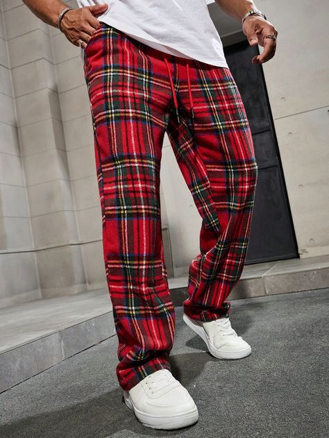 Men's Plaid Pattern Red Pocketed Drawstring Casual Sweatpants ,Christmas Hot-Selling English Plaid Red Casual Trousers ,Baggy Pants ,Plaid Pants ,Y2k Pants Red    Fabric Plaid,Tartan Straight Leg Non-Stretch  Men Clothing, size features are:Bust: ,Length: ,Sleeve Length: Plaid Red Pants, English Clothes, Trousers Baggy, Straight Sweatpants, Plaid Print Shirt, Men Loungewear, Drawstring Waist Pants, Pants Y2k, Y2k Pants