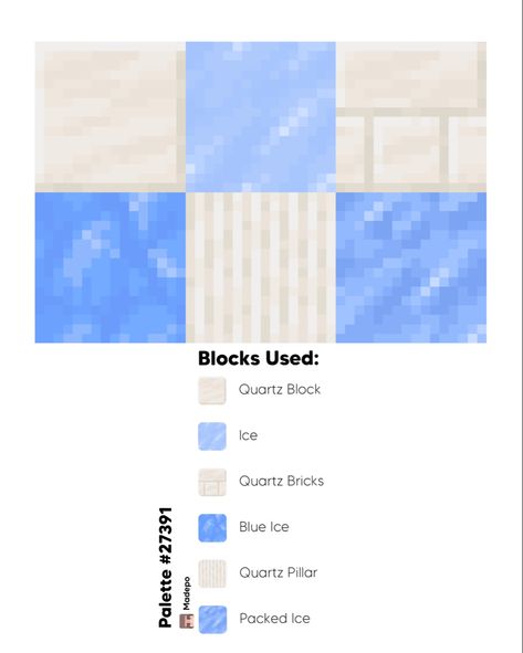 Every Minecraft Block, Minecraft Frozen Build, Quartz Pillar Minecraft, Minecraft Ice Sculpture, Blue Block Pallet Minecraft, Ice Kingdom Minecraft, Minecraft Castle Palette, Minecraft Ice Castle Blueprints, Blue Minecraft Palette