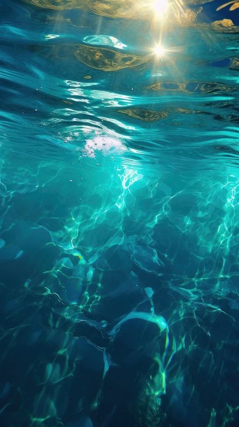 Ocean underwater reflection sunlight swimming. AI generated Image by rawpixel. | premium image by rawpixel.com Ocean Images Underwater, Underwater Looking Up, Fishes Aesthetic, Water Light Reflection, Underwater Reflection, Mermay Inspiration, Reflection Aesthetic, Underwater Forest, Underwater Aesthetic