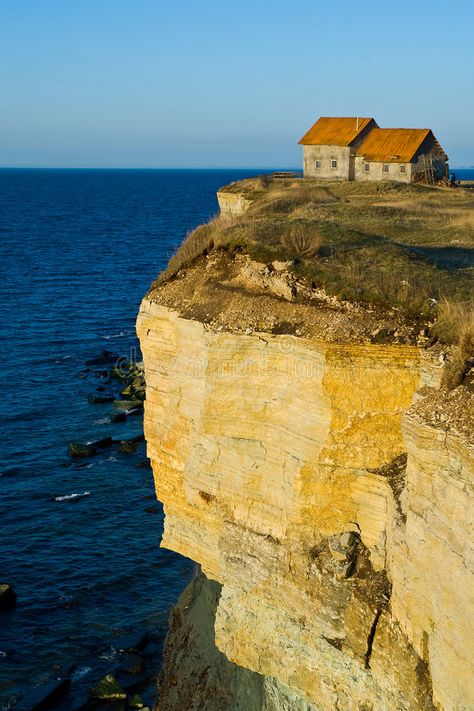 House on seaside cliff. A late afternoon view of a small house built on the edge , #AFFILIATE, #view, #afternoon, #house, #small, #seaside #ad Houses On Cliffs, Seaside Cliff, Cube World, Seaside House, Cliff House, House By The Sea, Home Building, Late Afternoon, House Built