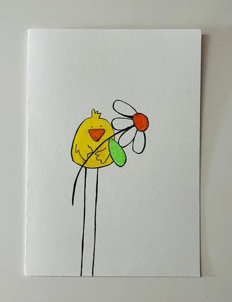 Doodle Art Cards Ideas, Things To Draw On Cards, Hand Drawn Greeting Cards, Hello Cards Handmade, Crafting Pictures, Hand Drawn Birthday Cards, Doodle Birds, Simple Flower Drawing, Cartoon Bird