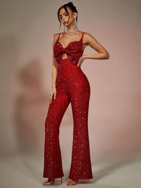 Cut Out Bow Front Sequin Cami Jumpsuit Sparkly Red Outfit, Red Rhinestone Outfit, Red Sparkle Outfit, Taylor Swift Tour Outfits Red, Red Glitter Outfit, Red Tour Outfits, Red Performance Outfits, Performance Outfits Singing, Red Outfit Party