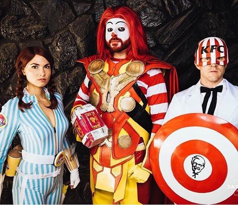 Late lunchtime.  Check out @mcthor_cosplay and the McVengers. In a never ending battle against....... salads? Healthy eating and exercise? Either way these are some awesome cosplayers! I'm going to think of a joke about Thanos and his gauntlet of infinity refills. ;) -Melvin #Wendys #McDonalds #KentuckyFriedChicken #Macky #KFC #fasfood #food #foods #foodstagram #cosplay #cosplayer #cosplayers #cosplaying #cosplaylife #cosplaygroup #cosplaygirl #thor #captainamerica #blackwidow #marvel #avengers Avengers Cosplay, Salads Healthy, Kentucky Fried, Black Widow, Marvel Superheroes, Marvel Avengers, Captain America, Thor, Ronald Mcdonald