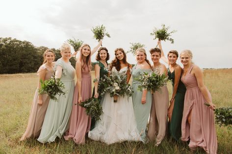 Our bridesmaids dress pallete included dusty rose, sage green, taupe, and dark green. It's exactly what I hoped it would be and more! Sage Pink Bridesmaid Dresses, Pink Green Champagne Bridesmaids, Sage Green And Blush Wedding Bridesmaid Dress, Sage Green And Blush Pink Rustic Wedding, Safe And Dusty Rose Wedding, Bridesmaids Dresses Sage Green And Blush, Sage Green And Dusty Rose Bridesmaid Dresses, Pink And Sage Green Bridesmaid Dresses, Mauve And Sage Bridesmaid Dresses