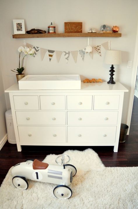 Rustic and Contemporary Nursery Nursery Ideas Boy, Contemporary Nursery, Nursery Dresser, Ikea Hemnes, Rustic Nursery, Hemnes, Project Nursery, Baby Bedroom, Baby Changing