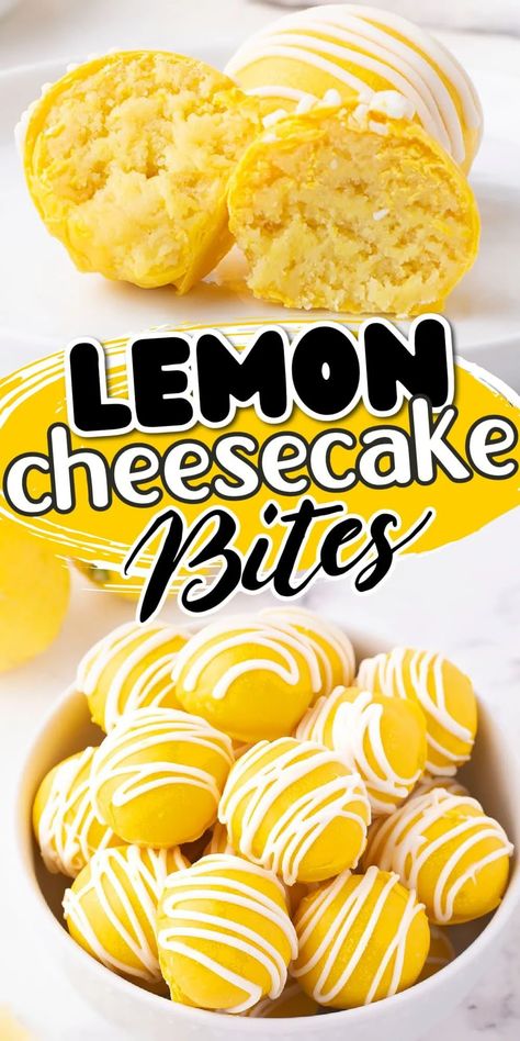 Lemon Cheesecake Bites, Cake Mix Cream Cheese, Lemon Balls, Lemon Bites, Melted Candy, Lemon Cream Cheese Bars, Cheesecake Balls, Cake Ball Recipes, Lemon Treats