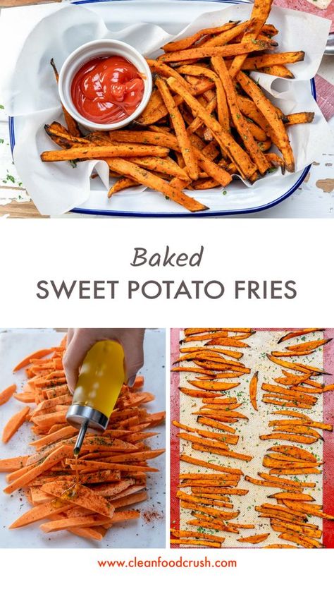 These Baked Sweet Potato Fries are Clean Eating Approved! | Clean Food Crush Vegan Bechamel, Best Baked Sweet Potato, Clean Eating Baking, Eating Veggies, Baked Sweet Potato Fries, Sweet Potato Recipes Healthy, Crispy Sweet Potato Fries, Sweet Potato Fries Baked, Crispy Sweet Potato