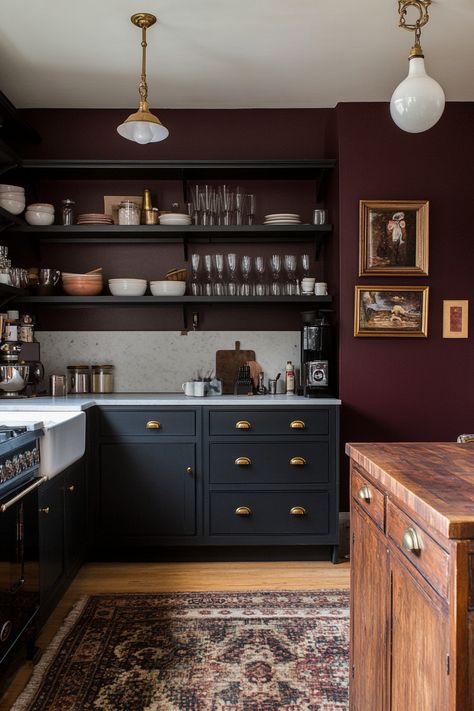 Black Cabinets On Bottom White On Top, Black White And Rust Kitchen, Interior Designer Kitchen, Dark Paint Kitchen Walls, Small Dramatic Kitchen, Moody European Kitchen, Moody French Kitchen, Moody Bright Kitchen, Moody Kitchen Wood Cabinets