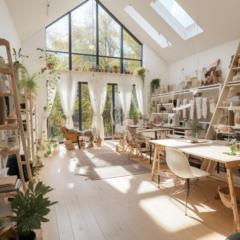 White Art Studio Ideas, Studio Workspace Design, Art Studio Building Ideas, Artist Studio Backyard, Art Studio Cottage, Professional Art Studio, Home Office And Art Studio, Art Studio Design Workspaces, Art Room Ideas Artist Studios