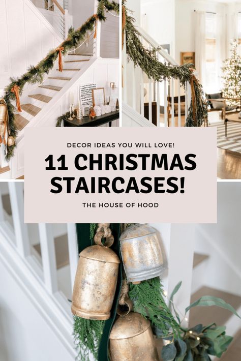 We're sharing Christmas staircase decor ideas over on our blog that you will love! These are easy to recreate and won't break your budget. Head over to our blog for more details and links to everything seen here! Decorating Steps For Christmas, Simple Christmas Decor For Stairs, Staircase Xmas Decor, How To Make Christmas Garland For Stairs, Farmhouse Christmas Banister, Decorate Railing For Christmas, Christmas Ribbon On Staircase, Stair Railing Holiday Decor, Stair Garland With Ribbon