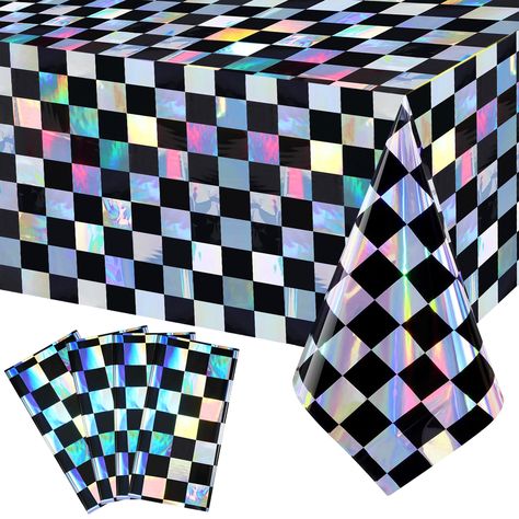 PRICES MAY VARY. Package includes: our package includes four pieces of black and iridescent checkered tablecloths which measure approximately 54 x 108 inches, and these tablecloths are suitable for your birthday party and picnic supplies. Wonderful design: the plastic black and white checkered table covers are very brilliant and they will have different color effects in different lights and will be the highlight of your racing theme party, making the atmosphere more pleasant and active. High qua 90s Table Decor, 90s Bachelorette Party, Checkered Party, Checkered Table, Plastic Table Cloth, Picnic Supplies, 11 Birthday, Racing Theme, Checkered Tablecloth