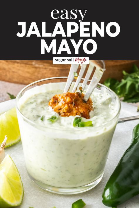 This jalapeno mayo is creamy, tangy and a little spicy, and just downright delicious. Perfect for dipping wings or spreading on burgers, it’s just 6 ingredients and so easy to make. Jalapeno mayo is wonderfully creamy, a little sweet, and a bit tangy, with a spicy kick from the little bits of jalapeno all the way through. It's the perfect combination of flavours and textures, and it tastes great with a variety of different dishes! Jalapeno Mayo Recipe, Jalapeño Mayo, Jalapeno Dip Recipes, Burger Sauces Recipe, Processor Recipes, Jalapeno Sauce, Homemade Dips, Mayo Sauce, Aioli Recipe