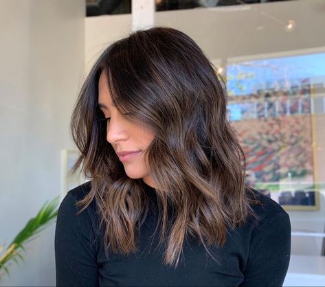 Medium Brown Hair With Subtle Balayage, Dimensional Brunette Mid Length, Thining Hair Short Hairstyles, Short Dark Brown Balayage Hair, Dark Balayage Medium Hair, Short Summer Hair Brunette, Collarbone Length Hair Brunette With Highlights, Short Fall Brunette Hair, Short Brunette Hair With Dimension