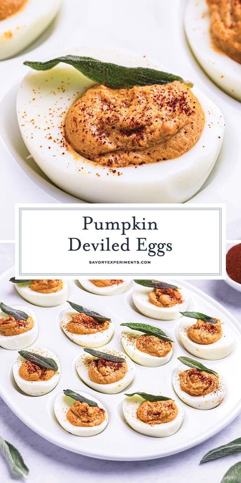 Full of fall flavor and topped with crispy sage, these Pumpkin Deviled Eggs are the perfect creamy appetizer to add to your holiday spread. Deviled Eggs Thanksgiving Appetizers, Deviled Eggs Thanksgiving, Pumpkin Deviled Eggs, Fall Appetizers Easy, Thanksgiving Deviled Eggs, Sweet Potato Cinnamon, Deviled Eggs Easy, Savory Pumpkin Recipes, Fall Appetizers