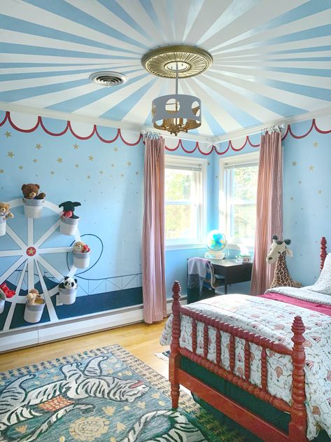 Mehr Niazi took on her son's bedroom this season of One Room Challenge. The design inspiration for my kid's room was the old traditional circus, grand, exciting, and full of wonder. I wanted this to be a space that sparked creativity and imagination, where play was encouraged and celebrated," says Mehr. Light: Odelle #CrystoramaStyle #interiordesign #interiorstyle #lighting #inspiration #kidsroom #TuesdayMotivation #tuesdayvibes #decorinspo #instadesign #style #oneroomchallenge Kids Bedroom Aesthetic, Circus Baby Room, Circus Themed Bedroom, Magical Kids Room, Circus Room, Circus Nursery, Themed Kids Room, Kids Bedroom Inspiration, Nursery Baby Room