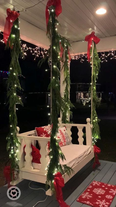 Front Porch Christmas Swing Bed Cedar Garland -@RochelleRaeDesigns | Christmas porch, Christmas decorations, Christmas lights Cedar Garland, Swing Bed, Front Porch Christmas, Christmas Front Porch, Christmas Tablescape, Christmas Porch Decor, Christmas Decorations Diy Outdoor, 12 December, Christmas Porch