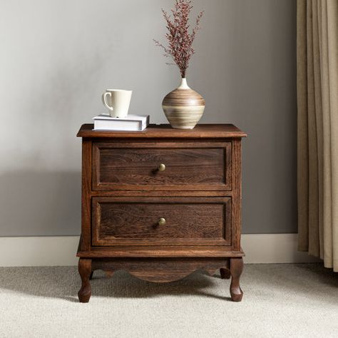 Laurel Foundry Modern Farmhouse Lundgren 24'' Tall 2 - Drawer Nightstand | Wayfair Rustic Wooden Nightstand, French Country Black Furniture, Primary Bedroom Nightstands, Modern Farmhouse Nightstand Decor, Solid Wood Nightstand, Western Farmhouse Bedroom, French Countryside Bedroom, Antique Bedside Table, Antique Nightstand