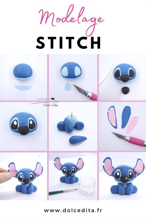 Stitch Clay Art, Stitch Fondant Cake, Easy Modeling Clay Ideas Simple, Diy Pate Fimo, Fondant Stitch, Stitch Torte, Stitch Polymer Clay, Lilo And Stitch Diy, Fimo Clay Ideas