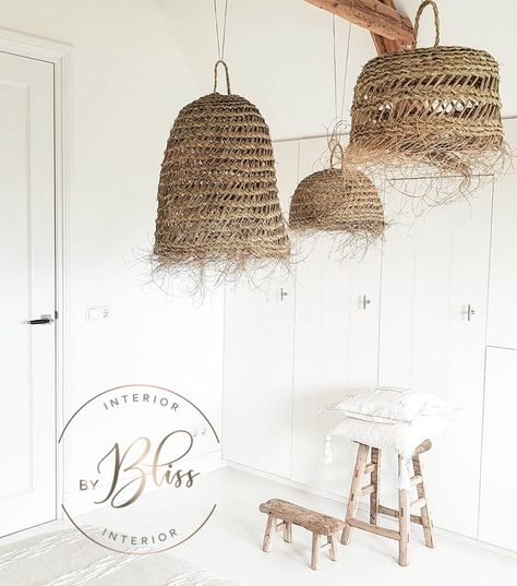 Beautifull picture of Seagrass Lamps by Rock the Kasbah and wooden stools. Rock The Kasbah, Bohemian Lamp, Boho Chique, Wooden Stools, Boho Diy, Boho Interior, White Interior, Hanging Lamp, Lampshades