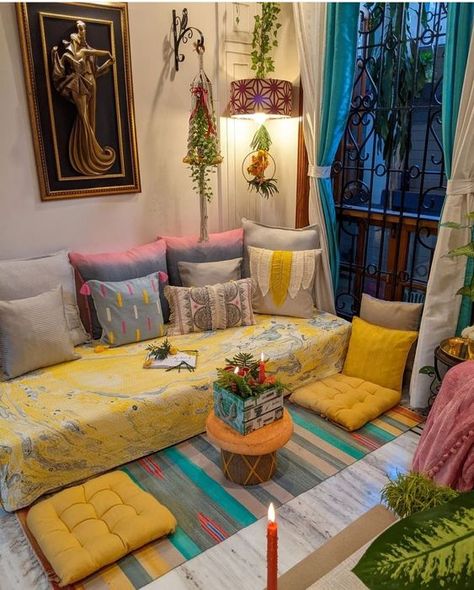 Home Decorish Diwan Seating Living Rooms Indian, Luxury Room Design, Floor Seating Living Room, Indian Living Room, Colorful Room Decor, Indian Room Decor, Drawing Room Decor, Colourful Living Room Decor, Classy Living Room