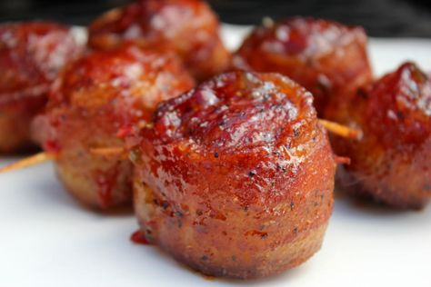 Pulled Pork Appetizer, Bacon Wrapped Kielbasa, Wrapped Meatballs, Bacon Explosion, Bacon Wrapped Meatballs, Pork Bacon, Smoked Pulled Pork, Smoked Meat Recipes, Smoked Meats