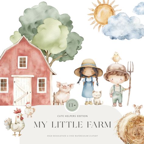 Bring the charm of the countryside to life with our adorable "My Little Farm" clipart collection! This delightful set is brimming with cute farmers, and a variety of other adorable farmyard companions - all illustrated in a captivating cartoon style. Perfect for creating heartwarming projects, these versatile cliparts are sure to spark your creativity. Complete your farm scene with these additional cliparts:  Barnyard Buddies https://earthtouneart.etsy.com/listing/1694475626/cute-farm-animals-cl Farm Clipart, Watercolor Farm, Pig Clipart, Clipart Animals, Baby Chickens, Cute Pig, Drawing Clipart, Chicken Art, Farm Scene