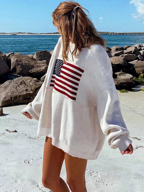 White Casual Collar Long Sleeve Knitwear Striped Pullovers Embellished Medium Stretch  Women Clothing Flag Sweater Outfit, Preppy Mode, American Flag Sweater, Crop Top Dress, Estilo Preppy, Sweater Oversize, Drop Shoulder Sweaters, Sleeves Clothing, Oversized Pullover