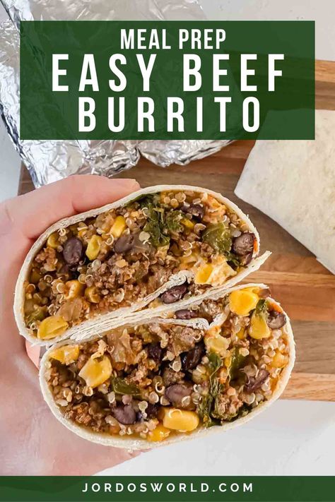 ​A hearty, high-protein burrito perfect for any meal of the day! Or make for meal prep and stash away in the freezer for easy meals when you need them. Easy Beef Burritos, Easy Freezer Meals Healthy, Meal Prep Burritos, Ground Beef Burritos, Easy Burrito Recipe, Beef Burrito Recipe, Freezer Lunches, Beef Burritos, Beef Burrito