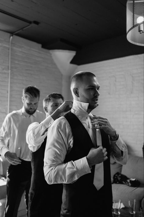 Groom and groomsmen getting ready for wedding day. Grooms Photos Getting Ready, Getting Ready Groom Photos, Guys Getting Ready Wedding Photos, Groomsmen Shoot, Groomsmen Getting Ready Pictures, Groom And Groomsmen Getting Ready, Groom And Groomsmen Photos, Groom Getting Ready Photos, Getting Ready For Wedding