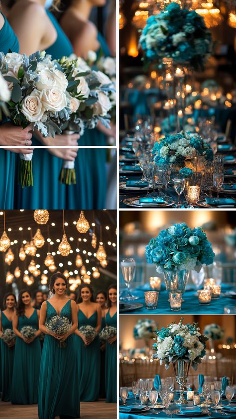 Elegant teal wedding decor featuring teal bridesmaid dresses, table settings, and floral arrangements for a stunning celebration. Teal Wedding Dresses Bridesmaid, Teal And Blue Wedding Colors, Teal And Gold Bridesmaid Dresses, Bridesmaid Teal Dresses, Best Wedding Themes Color Schemes, Teal Black Gold Wedding Decorations, Teal Bridesmaids Dress, Teal And Gray Wedding Ideas, Turquoise Blue Wedding Theme