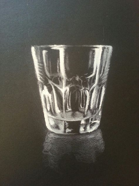 Charcoal Glass Drawing, Glass Drawing On Black Paper, Realism Art Black And White, Glass Drawing Black Paper, White Pastel On Black Paper, Sketch In Black Paper, Black White Sketches Drawing, Drawing With White Pencil On Black Paper, Chalk Art Black And White