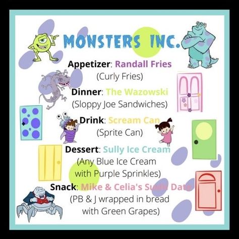 Fork And Film Ideas, Monster Inc Movie Night, Disney Dinner And Movie Night Recipes, Disney Dinner And Movie Night Envelopes, Movie Night Food Dinners, Disney Movie Dinner Ideas, Disney Meals From Movies, Monsters Inc Movie Night, Themed Movie Nights For Kids