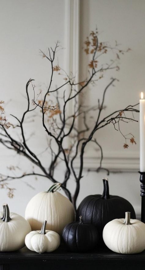 Embrace the essence of Halloween with minimalist decor that speaks volumes through simplicity. Opt for a monochromatic palette of black and white, punctuated by subtle orange accents. Arrange sleek, unadorned pumpkins in varying sizes for a striking visual impact. Incorporate clean-lined silhouettes of bats or ghosts cut from matte black paper. Let negative space work its magic, creating an atmosphere that's both eerie and elegant. This minimalist approach to Halloween decor proves that less can Halloween Decorations Outdoor Minimalist, Halloween Home Decor Minimalist, Halloween Fancy Decor, Modern Halloween Party Decor, Simple Modern Halloween Decor, Black White Halloween Decor, Neutral Halloween Decor Front Porch, Black And Silver Halloween Decor, Halloween Minimalist Decor