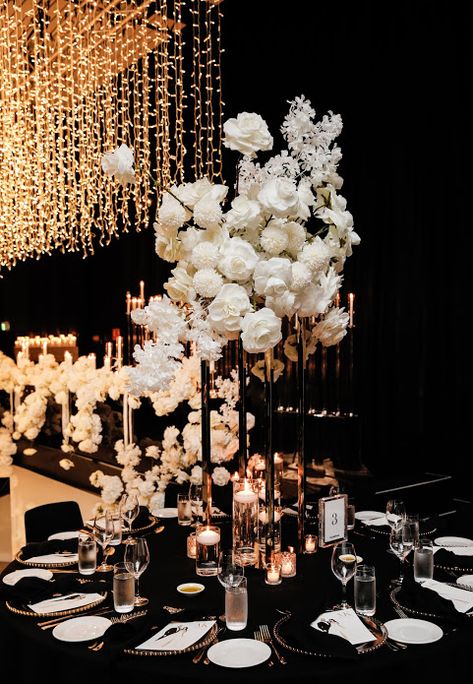 This Sydney Wedding At the Ivy Ballroom is Striking - Wedded Wonderland Chic Black Wedding Dress, Luxury Elegant Wedding Decor, Summer Glam Wedding, Center Piece For Formal Event, Wedding In Ballroom, Floral Ideas Decor, Black And White Ballroom Wedding, Black Gold White Wedding Decoration, Unique Wedding Centerpieces Elegant