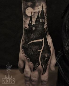 Terrific haunted house tattoo. Most BOO-tiful Halloween tattoos are here to help you get ready for the most terrifying day of the year! Enjoy! Haunted House Tattoo, Best Hand Tattoos, Traditional Tattoo Man, Herren Hand Tattoos, Tattoo Ideas Males, Castle Tattoo, Kunst Tattoos, Sick Tattoo, Black Castle