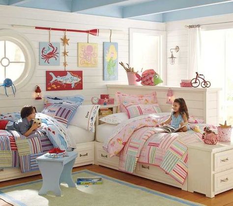 Love this wall decor & the corner concept~ 30 Kids Room Design Ideas with Functional Two Children Bedroom Decor~ great for the lakehouse Boy And Girl Shared Room, Boy And Girl Shared Bedroom, Design Ložnic, Kids Rooms Shared, Boys Shared Bedroom, Kids Shared Bedroom, Shared Kids Room, Shared Girls Bedroom, Boy Girl Bedroom